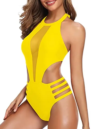 Sexy Mesh Cutout Plunge Backless One Piece Monokini Swimwear-Neon Yellow