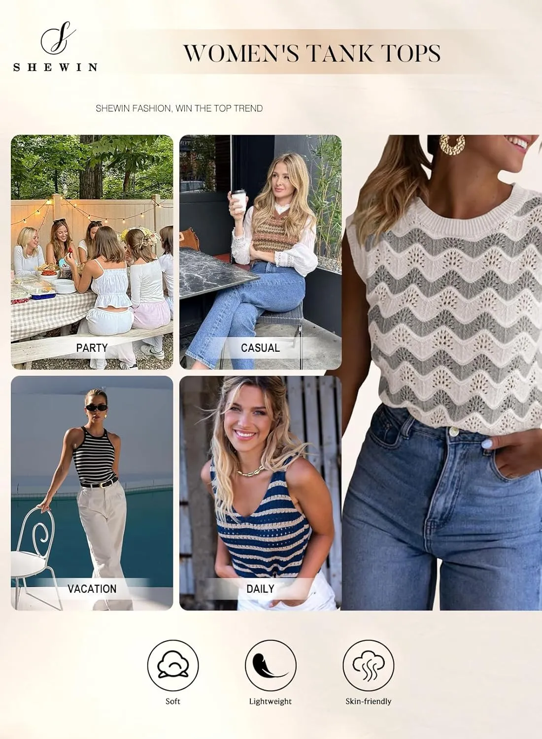 SHEWIN Sweater Vest for Women Crewneck Striped Crochet Sleeveless Sweaters Tank Tops