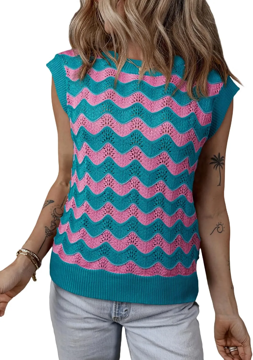 SHEWIN Sweater Vest for Women Crewneck Striped Crochet Sleeveless Sweaters Tank Tops