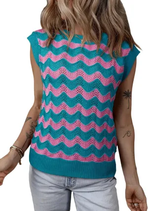SHEWIN Sweater Vest for Women Crewneck Striped Crochet Sleeveless Sweaters Tank Tops