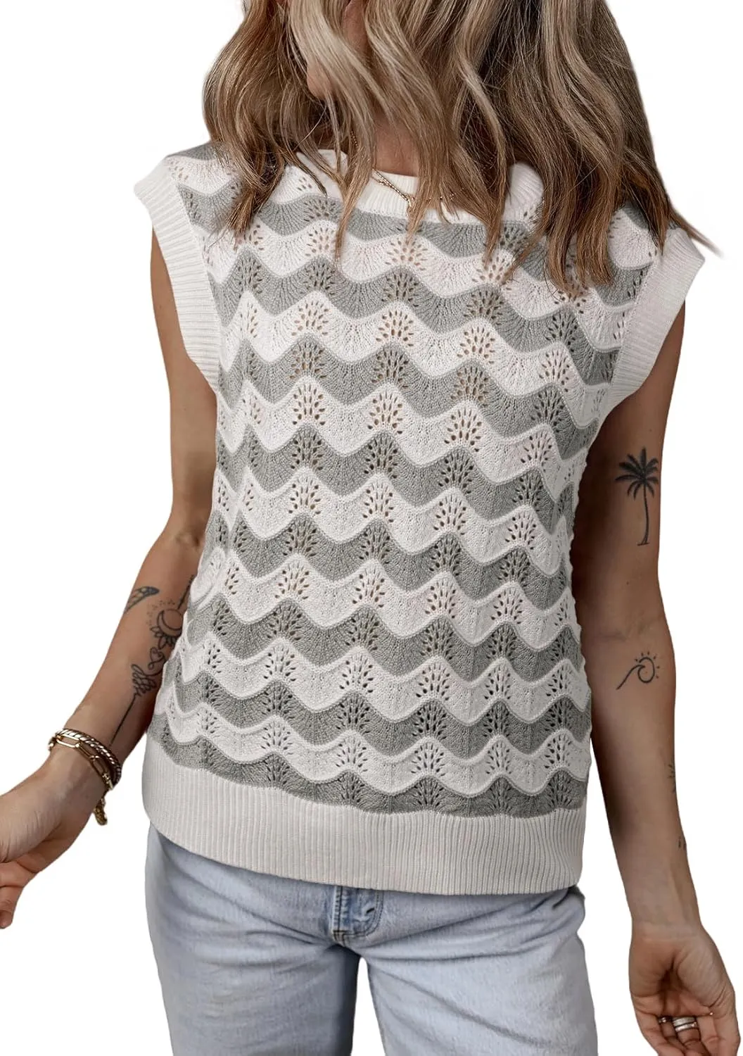 SHEWIN Sweater Vest for Women Crewneck Striped Crochet Sleeveless Sweaters Tank Tops