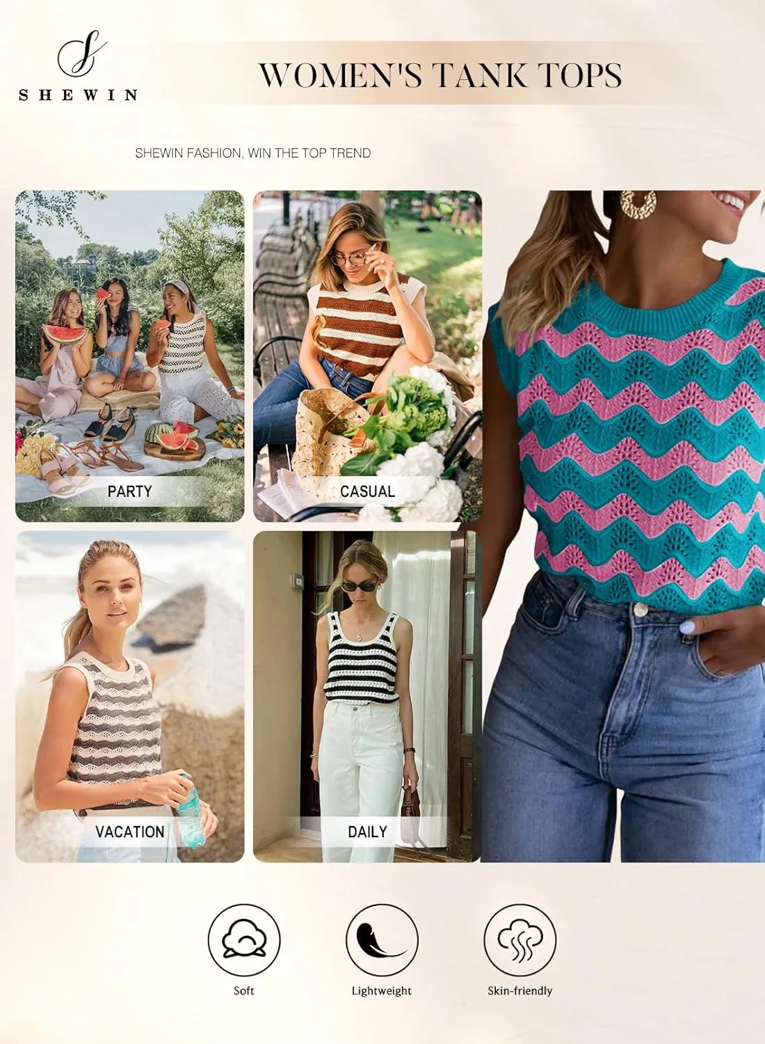 SHEWIN Sweater Vest for Women Crewneck Striped Crochet Sleeveless Sweaters Tank Tops