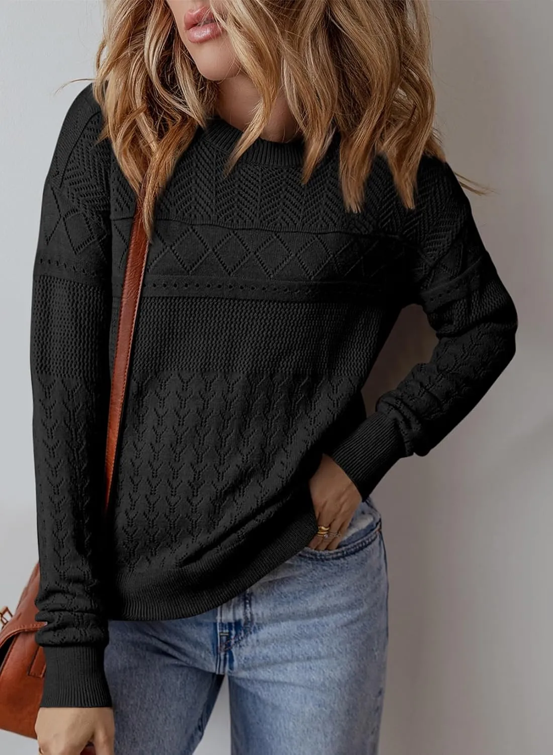 SHEWIN Sweaters for Women Casual Crew Neck Long Sleeve Crochet Pullover Tops Sweater