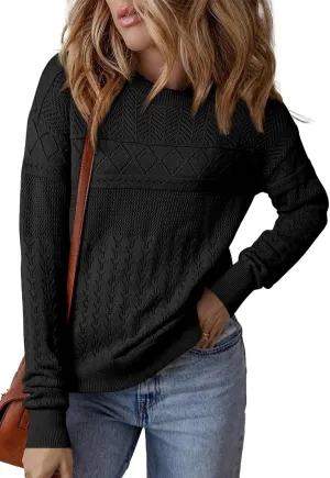 SHEWIN Sweaters for Women Casual Crew Neck Long Sleeve Crochet Pullover Tops Sweater
