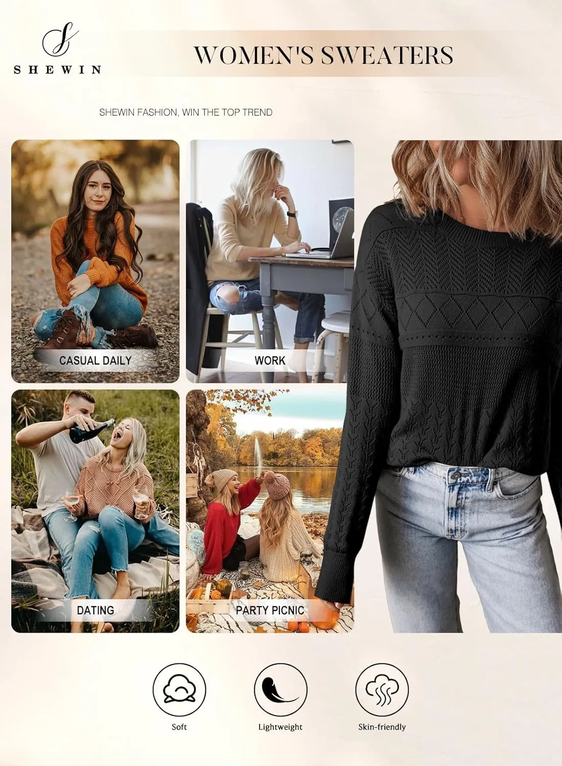 SHEWIN Sweaters for Women Casual Crew Neck Long Sleeve Crochet Pullover Tops Sweater