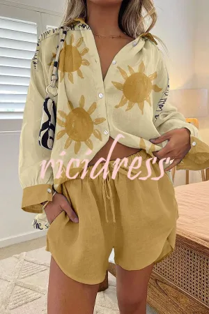 Simple Summer Sun Print Buttoned Lace Up Shorts Set
