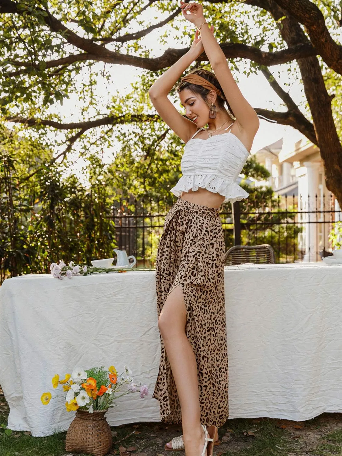 Simplee Women's Casual Split Wide Leg Pants High Waist Palazzo Flowy Beach Pants Summer Boho Lounge Pants with Pockets