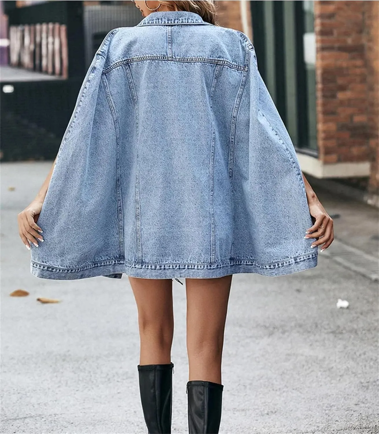 Single Breasted Cape Denim Coat For Women Spring Fall Stylish Office Vintage Pockets Loose Jackets