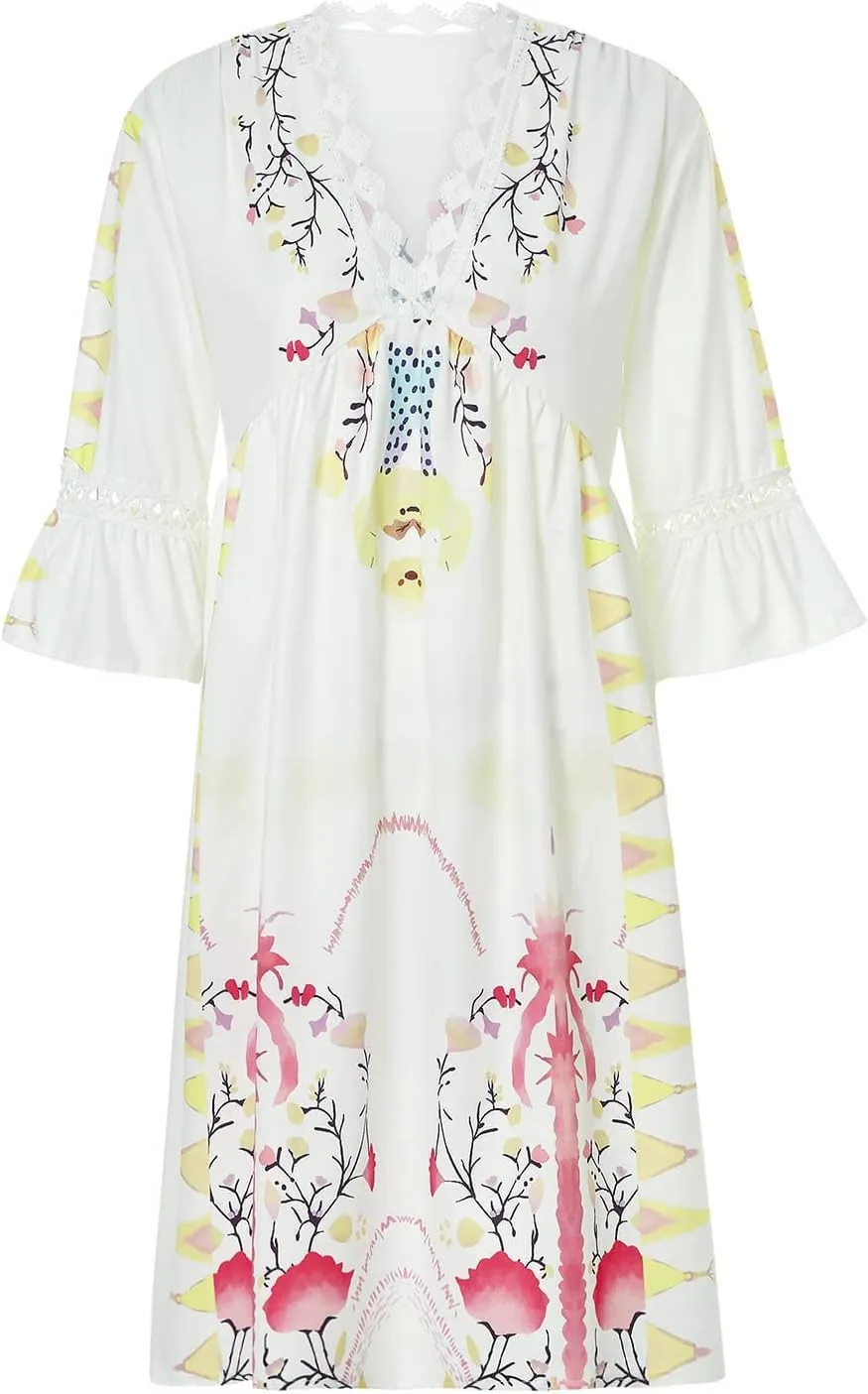 SMIDOW New Spring and Summer Dresses for Women 2023 Trendy Boho Lace Crochet v Neck Tshirt Dress Casual Beach Loose Sundress