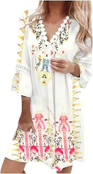 SMIDOW New Spring and Summer Dresses for Women 2023 Trendy Boho Lace Crochet v Neck Tshirt Dress Casual Beach Loose Sundress