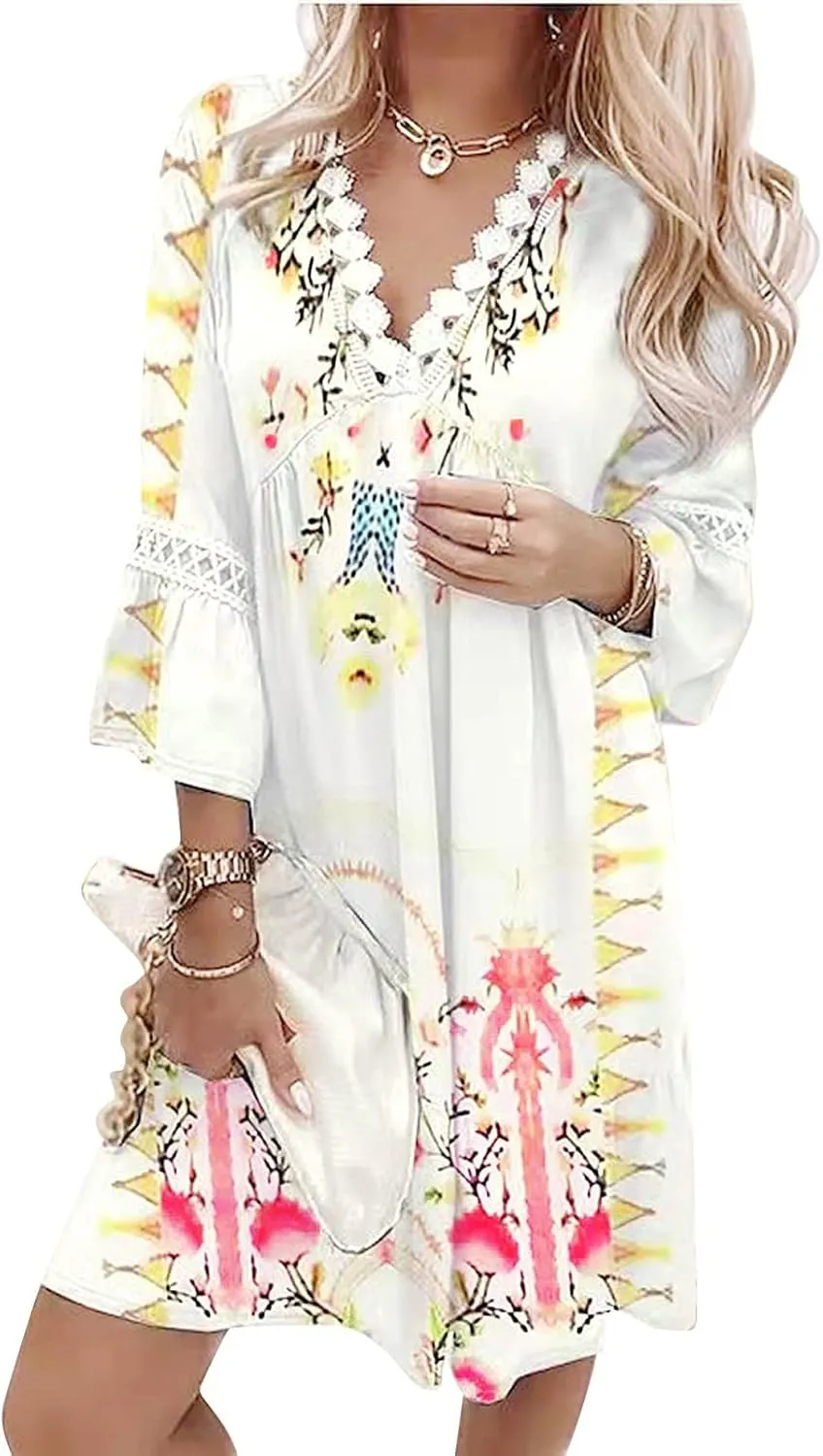 SMIDOW New Spring and Summer Dresses for Women 2023 Trendy Boho Lace Crochet v Neck Tshirt Dress Casual Beach Loose Sundress