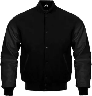 Solid Black Letterman Baseball Varsity Sports Bomber School College Jacket Genuine Leather Sleeves Blind Black wool