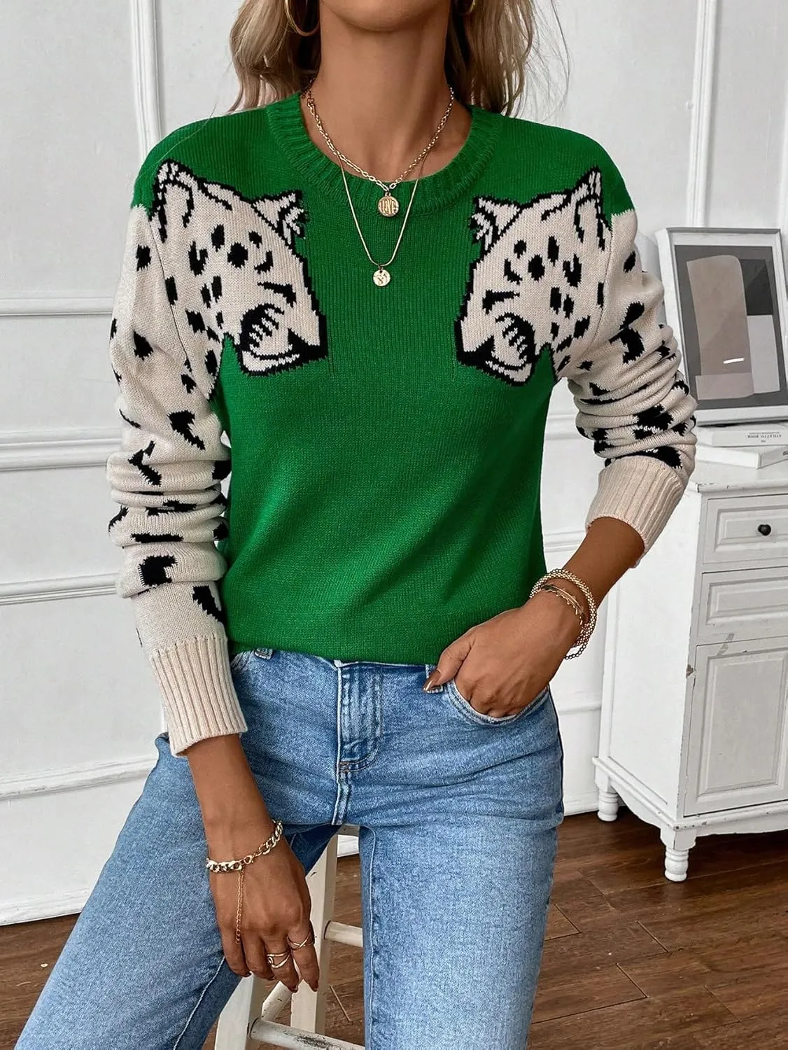 SOLY HUX Women's Sweaters Leopard Print Long Sleeve Crewneck Pullover Tops