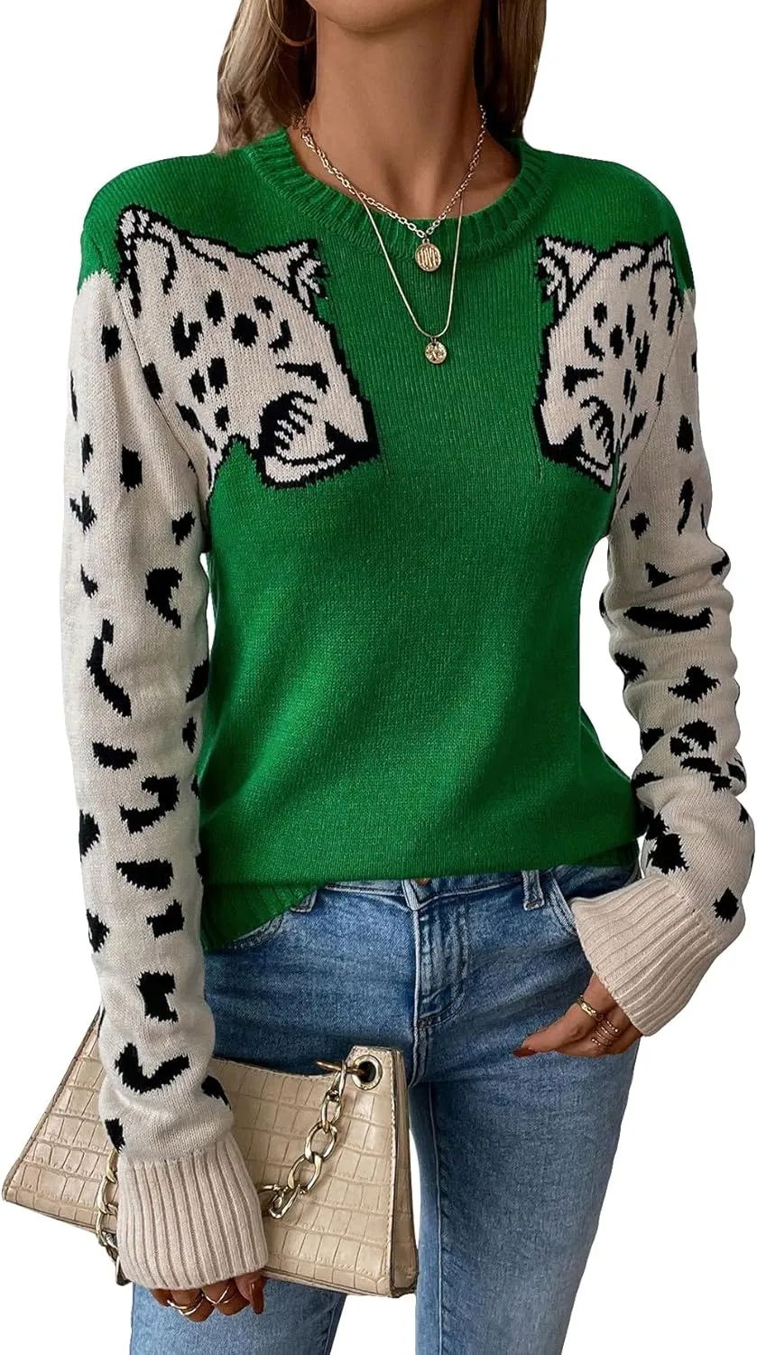 SOLY HUX Women's Sweaters Leopard Print Long Sleeve Crewneck Pullover Tops