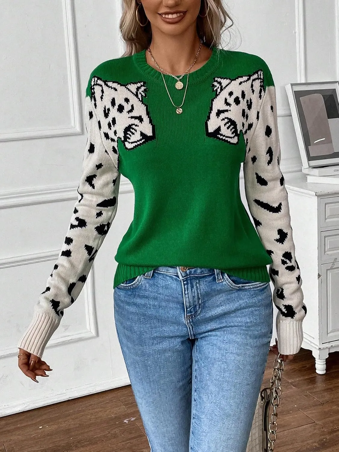 SOLY HUX Women's Sweaters Leopard Print Long Sleeve Crewneck Pullover Tops