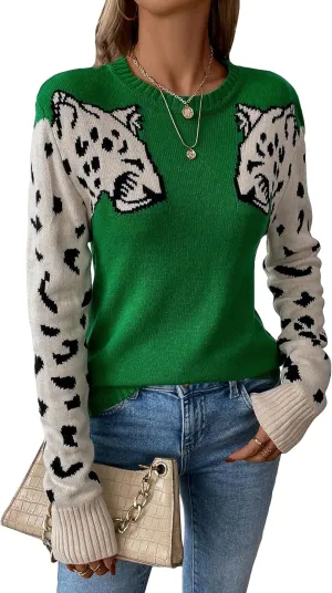 SOLY HUX Women's Sweaters Leopard Print Long Sleeve Crewneck Pullover Tops