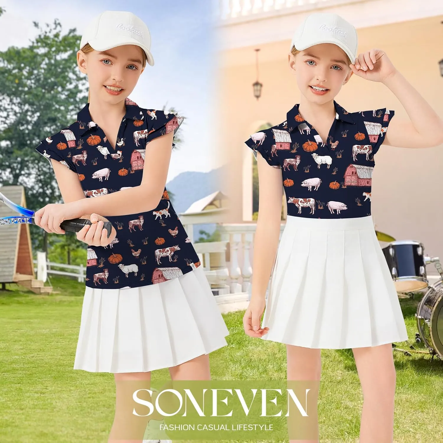 Soneven Girls Golf Polo Shirts V Neck Ruffle Sleeveless Tennis Shirts Lightweight Quick Dry Athletic Tank Tops