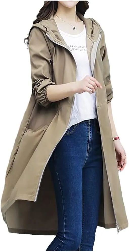 Spring Summer Hooded Straight Trench Coat Women's Long Loose Coat Zipper Trench Coat