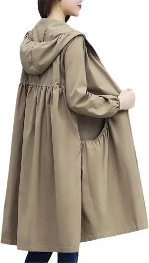 Spring Summer Hooded Straight Trench Coat Women's Long Loose Coat Zipper Trench Coat