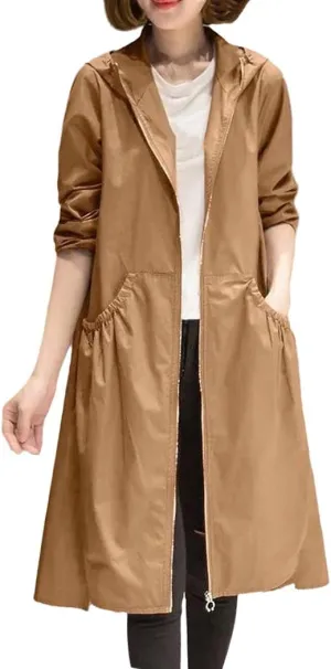 Spring Summer Hooded Straight Trench Coat Women's Long Loose Coat Zipper Trench Coat