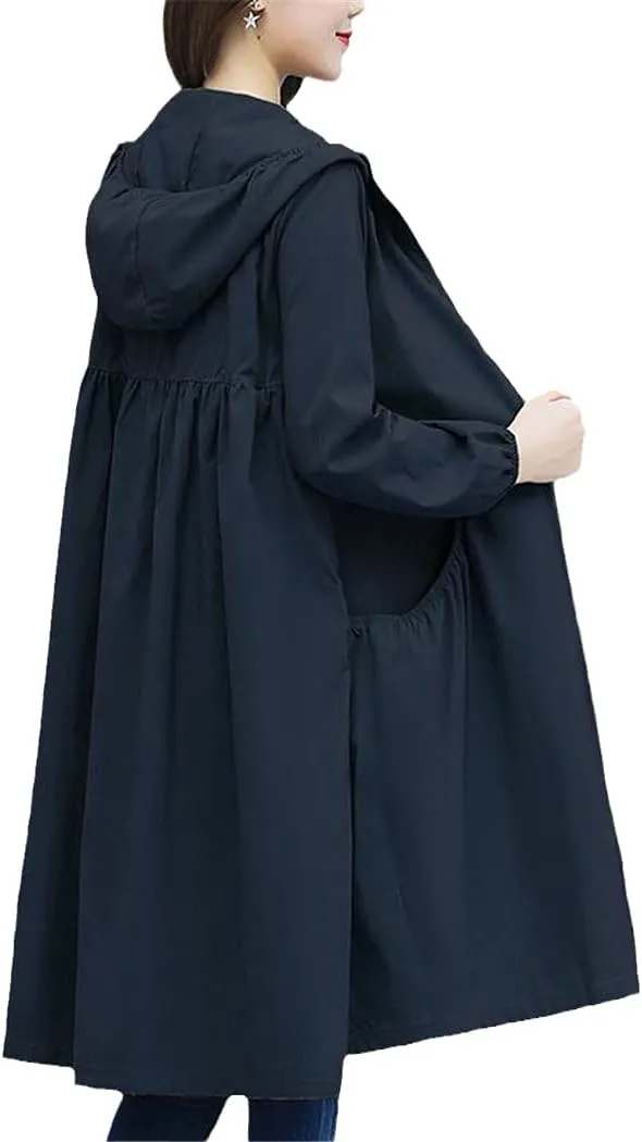 Spring Summer Hooded Straight Trench Coat Women's Long Loose Coat Zipper Trench Coat