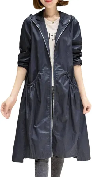 Spring Summer Hooded Straight Trench Coat Women's Long Loose Coat Zipper Trench Coat