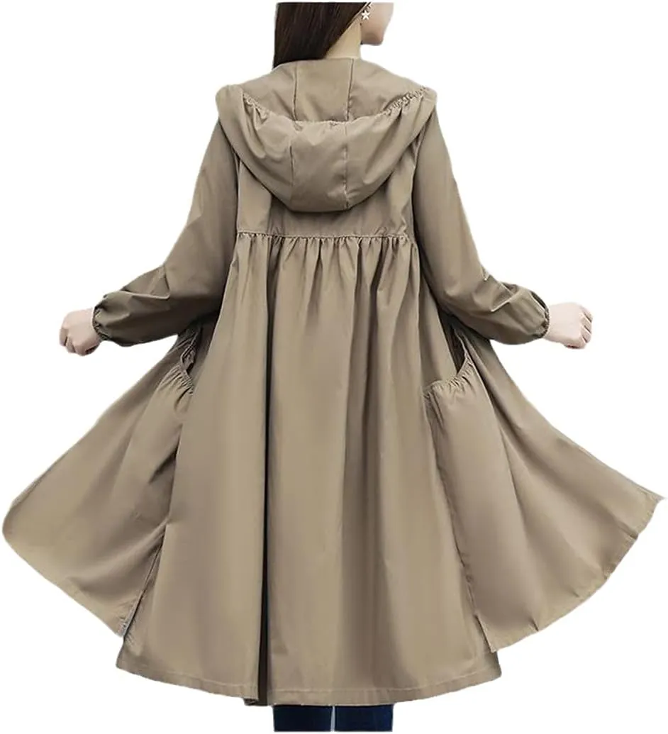 Spring Summer Hooded Straight Trench Coat Women's Long Loose Coat Zipper Trench Coat