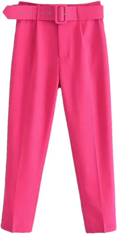 Spring Women Straight Harem Pants Belt Casual Ankle Length Elegant Pleated Trousers