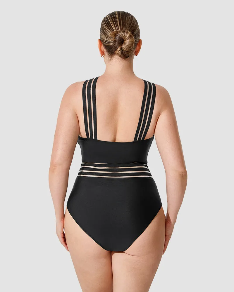 Striped Mesh Panel Cross-Over Halter Swimsuit