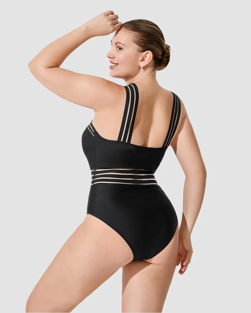 Striped Mesh Panel Cross-Over Halter Swimsuit