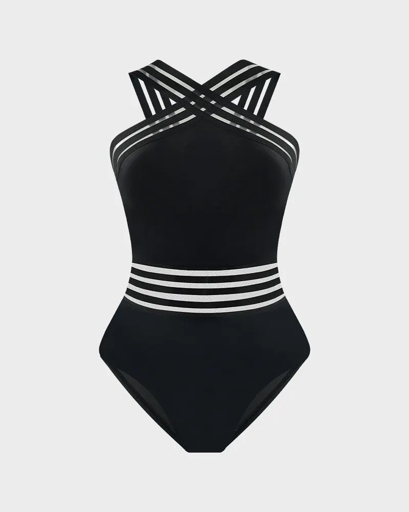 Striped Mesh Panel Cross-Over Halter Swimsuit