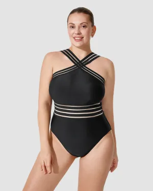 Striped Mesh Panel Cross-Over Halter Swimsuit