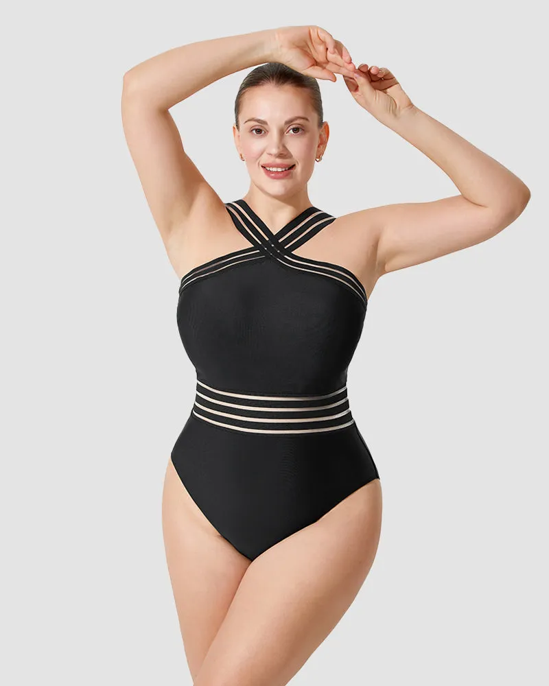 Striped Mesh Panel Cross-Over Halter Swimsuit