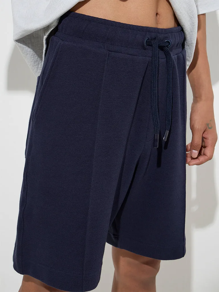 Studiofit Navy Relaxed-Fit Mid-Rise Cotton-Blend Shorts