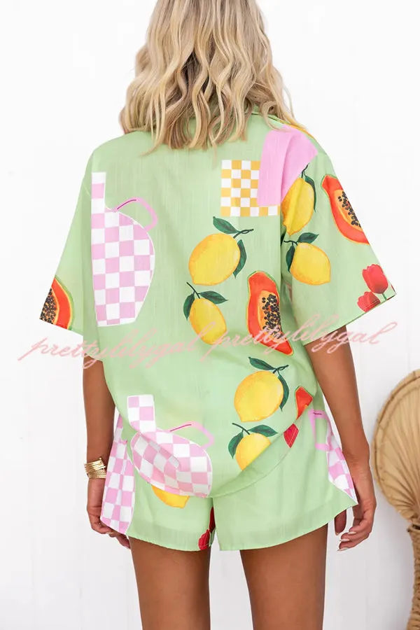 Summer Days Unique Fruit Print Loose Shirt and Elastic Waist Shorts Set
