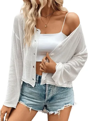 SweatyRocks Women's Sheer Button Down Cardigan Long Sleeve Scoop Neck Knitted Sweaters