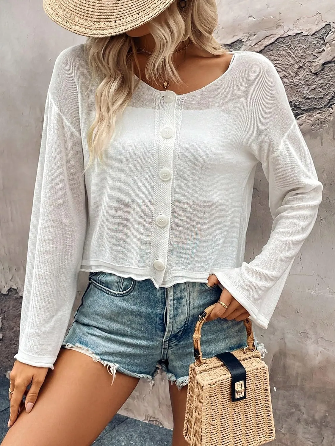 SweatyRocks Women's Sheer Button Down Cardigan Long Sleeve Scoop Neck Knitted Sweaters