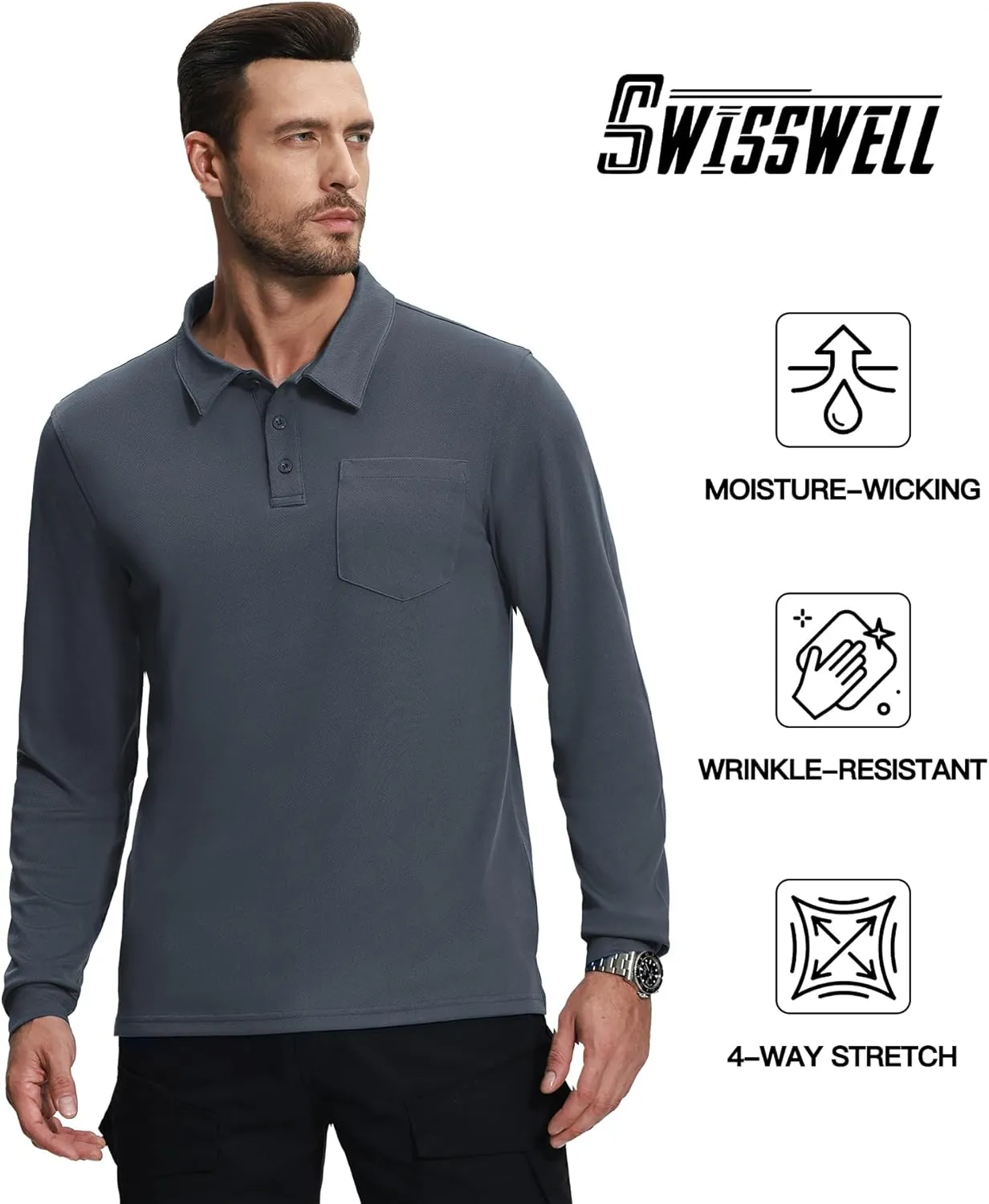 SWISSWELL Long Sleeve Polo Shirts for Men with Pocket 3 Pack Collared Moisture Wicking Performance Golf Shirts