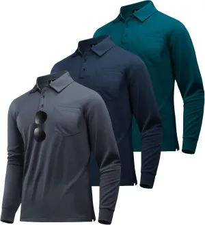 SWISSWELL Long Sleeve Polo Shirts for Men with Pocket 3 Pack Collared Moisture Wicking Performance Golf Shirts