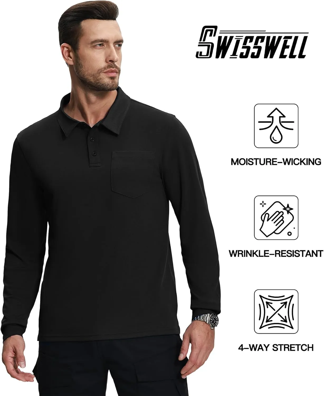 SWISSWELL Long Sleeve Polo Shirts for Men with Pocket 3 Pack Collared Moisture Wicking Performance Golf Shirts