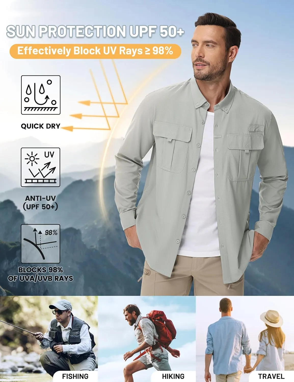 TACVASEN Mens Long Sleeve Sun Protection Shirt UPF 50  Quick Dry Fishing Cooling UV Shirts Outdoor Tactical Hiking Shirts