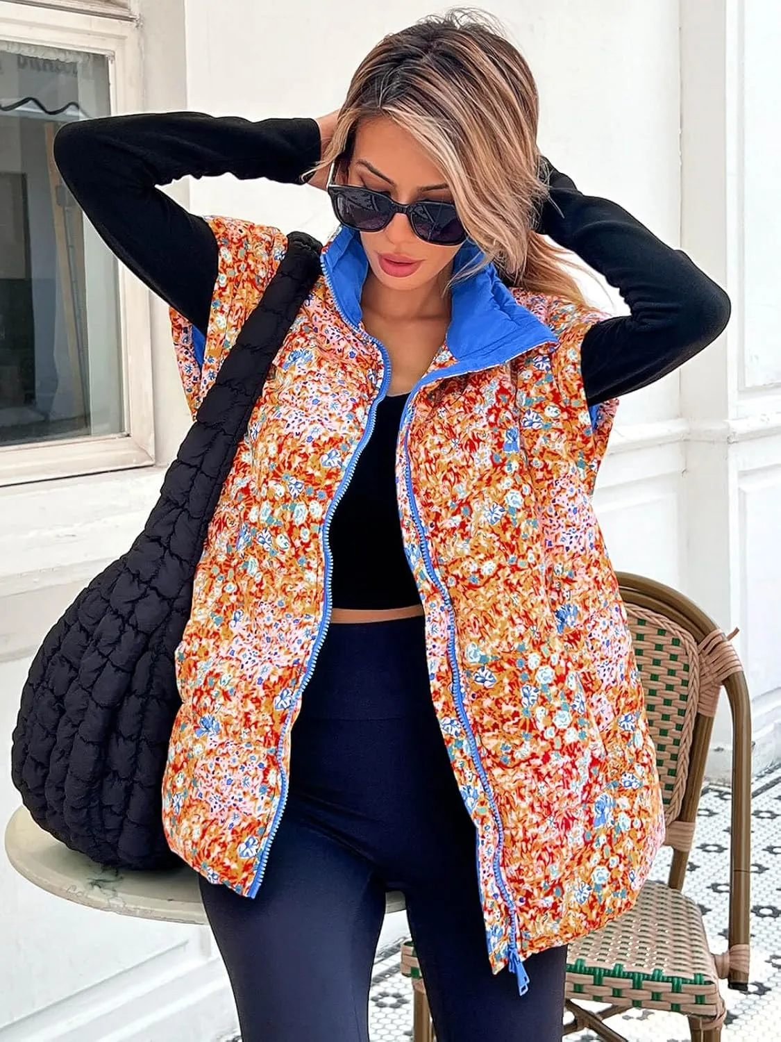 Tankaneo Womens Floral Oversized Puffer Vest Cap Sleeve Winter Warm Puffy Quilted Jackets Coat