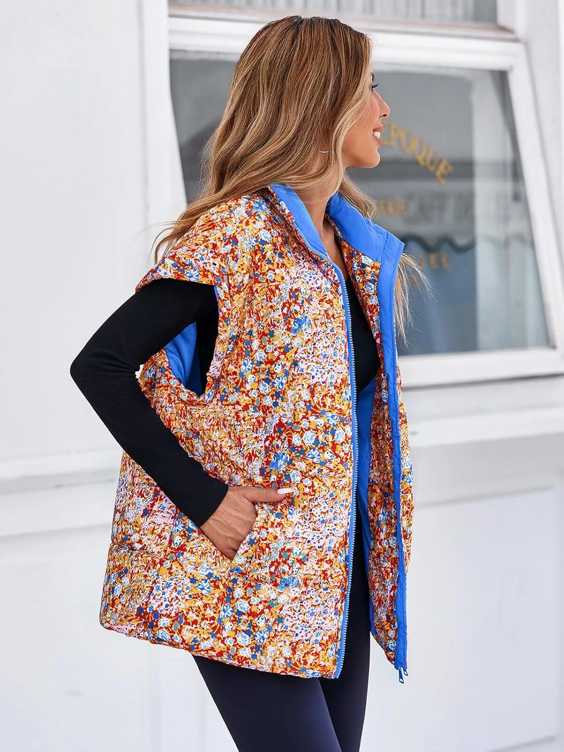 Tankaneo Womens Floral Oversized Puffer Vest Cap Sleeve Winter Warm Puffy Quilted Jackets Coat