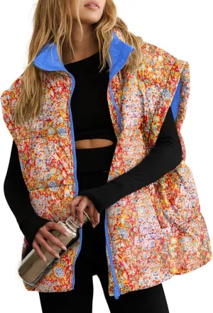 Tankaneo Womens Floral Oversized Puffer Vest Cap Sleeve Winter Warm Puffy Quilted Jackets Coat