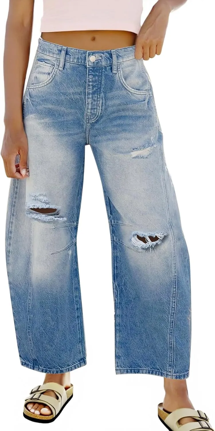 Tankaneo Womens Ripped Barrel Jeans Baggy Boyfriend Horseshoe Mid Rise Wide Leg Vintage Cropped Denim Pants