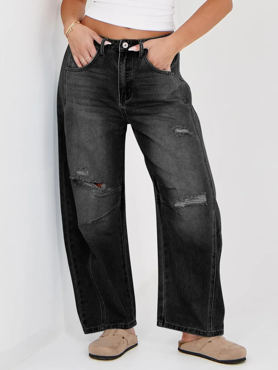 Tankaneo Womens Ripped Barrel Jeans Baggy Boyfriend Horseshoe Mid Rise Wide Leg Vintage Cropped Denim Pants
