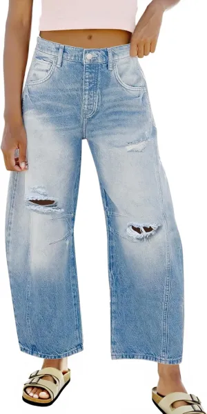 Tankaneo Womens Ripped Barrel Jeans Baggy Boyfriend Horseshoe Mid Rise Wide Leg Vintage Cropped Denim Pants