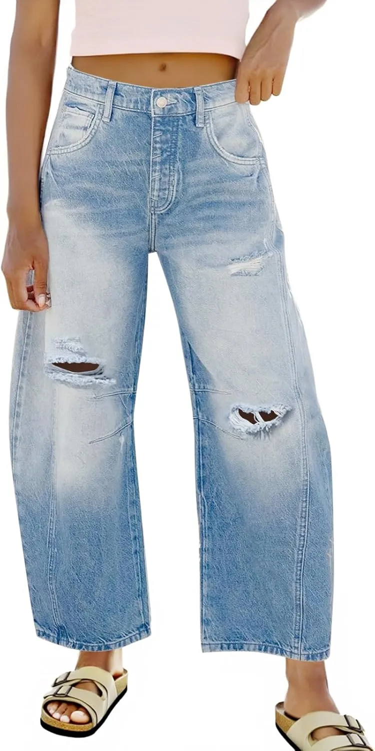 Tankaneo Womens Ripped Barrel Jeans Baggy Boyfriend Horseshoe Mid Rise Wide Leg Vintage Cropped Denim Pants