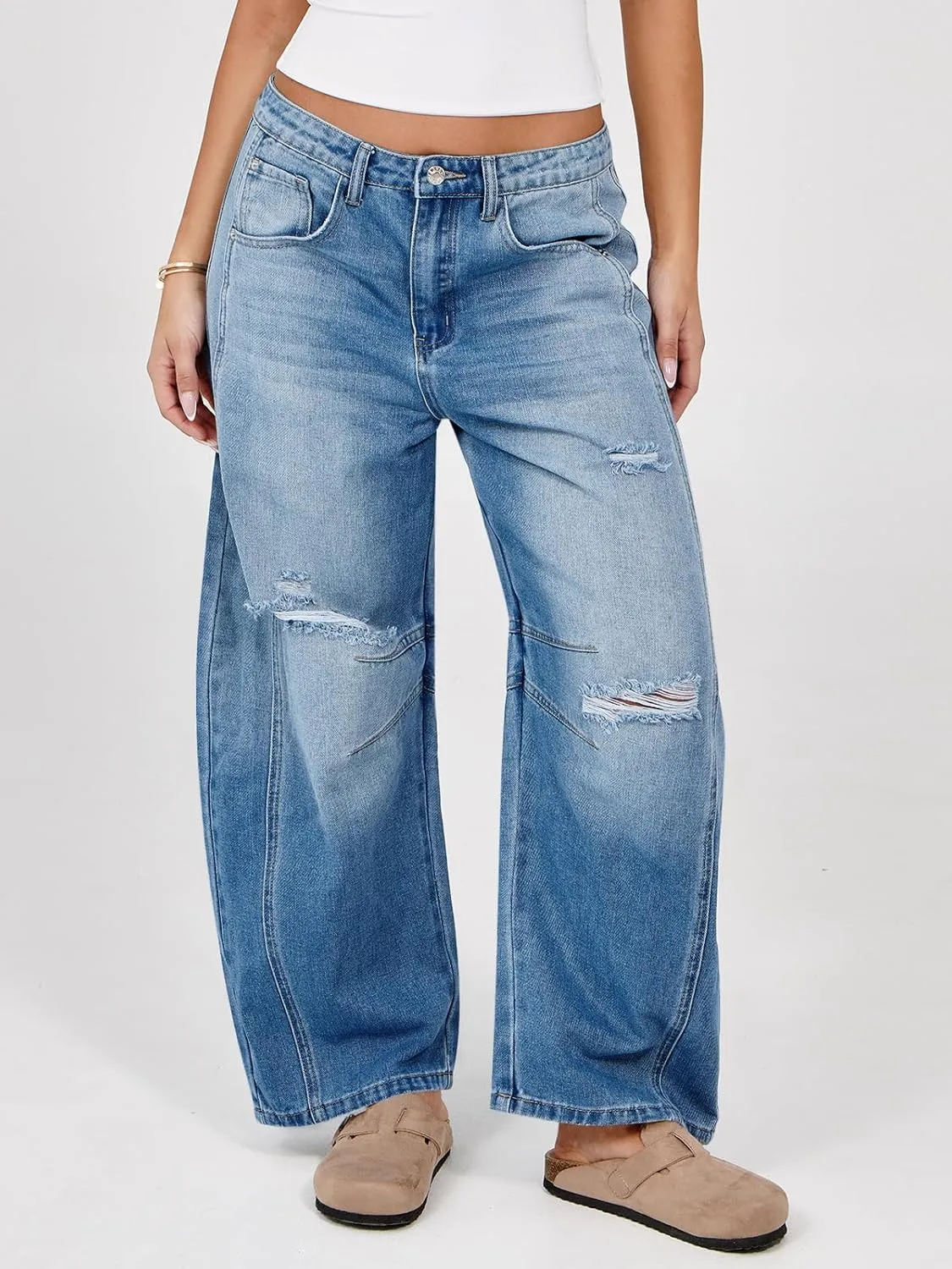 Tankaneo Womens Ripped Barrel Jeans Baggy Boyfriend Horseshoe Mid Rise Wide Leg Vintage Cropped Denim Pants