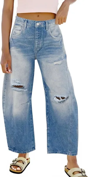 Tankaneo Womens Ripped Barrel Jeans Baggy Boyfriend Horseshoe Mid Rise Wide Leg Vintage Cropped Denim Pants